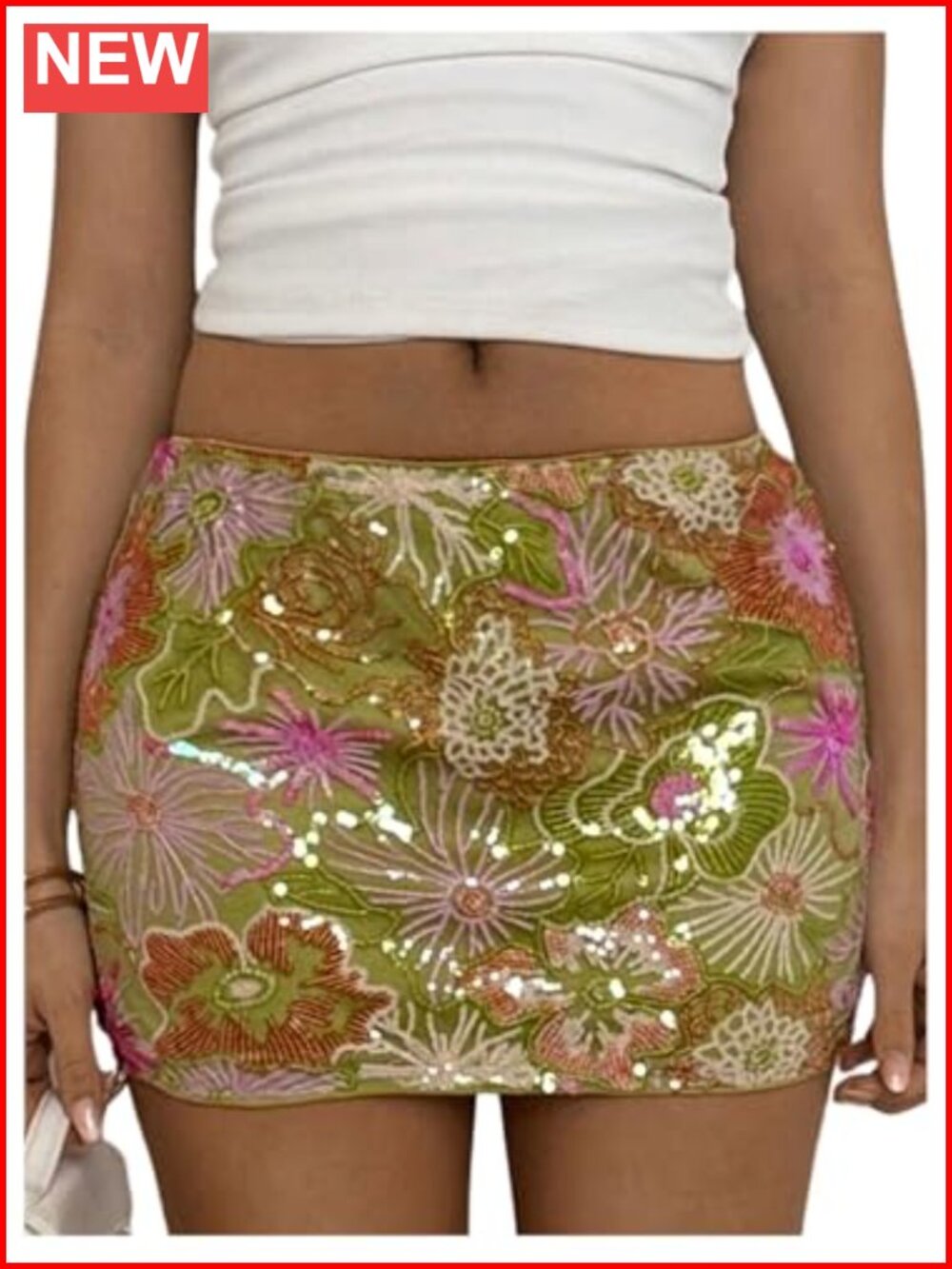 Floral Embroidery Sequin Bodycon Mini Skirt Low Rise Sparkly Clubwear